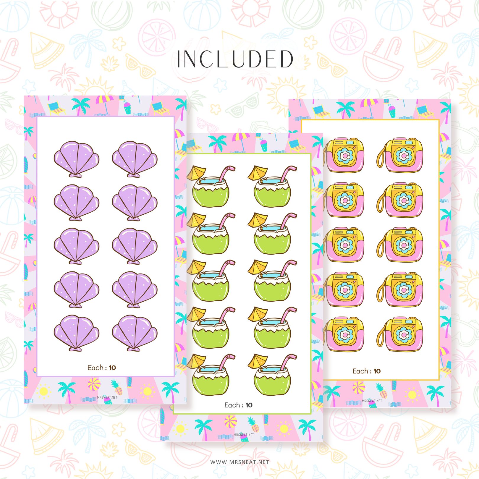 Set of colorful planner stickers with shell, drink, and bag designs on a decorative background.