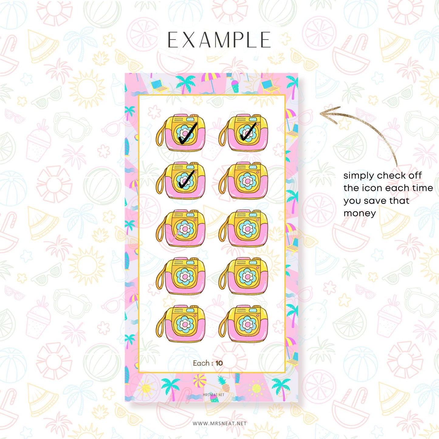 Sticker sheet with money-saving icons on a decorative background