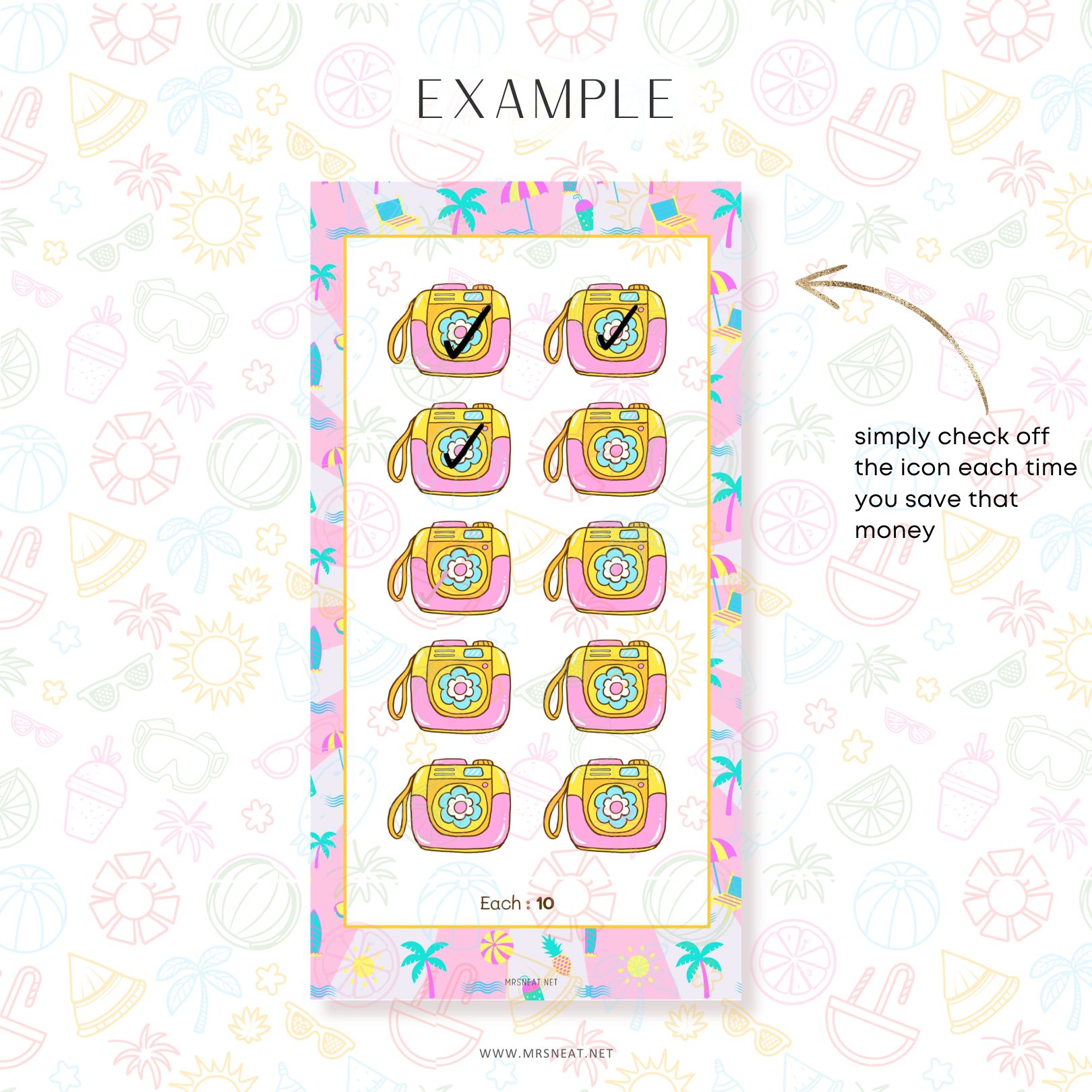 Sticker sheet with money-saving icons on a decorative background