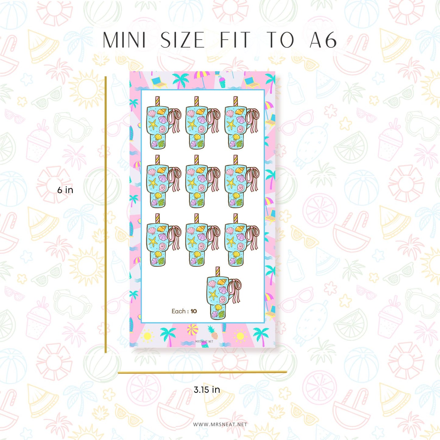 Packaging of colorful mini items with dimensions on a patterned background