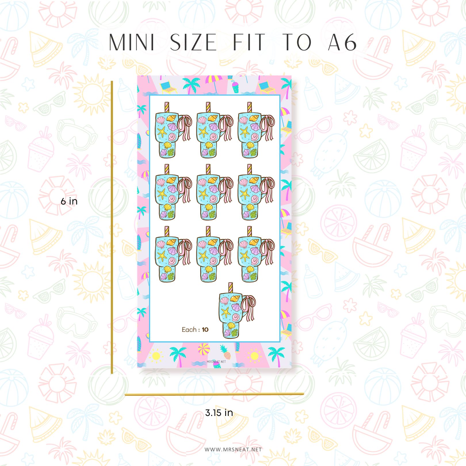 Packaging of colorful mini items with dimensions on a patterned background