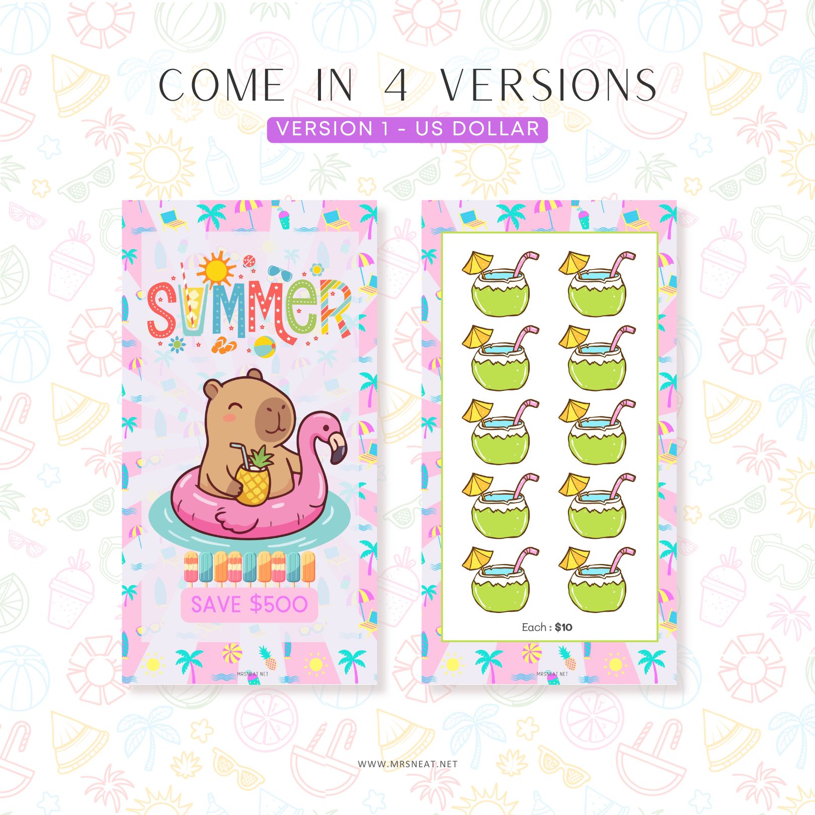 Two colorful cards with illustrations of a bear on an inflatable flamingo and green drinks with pineapple slices, on a decorative background.
