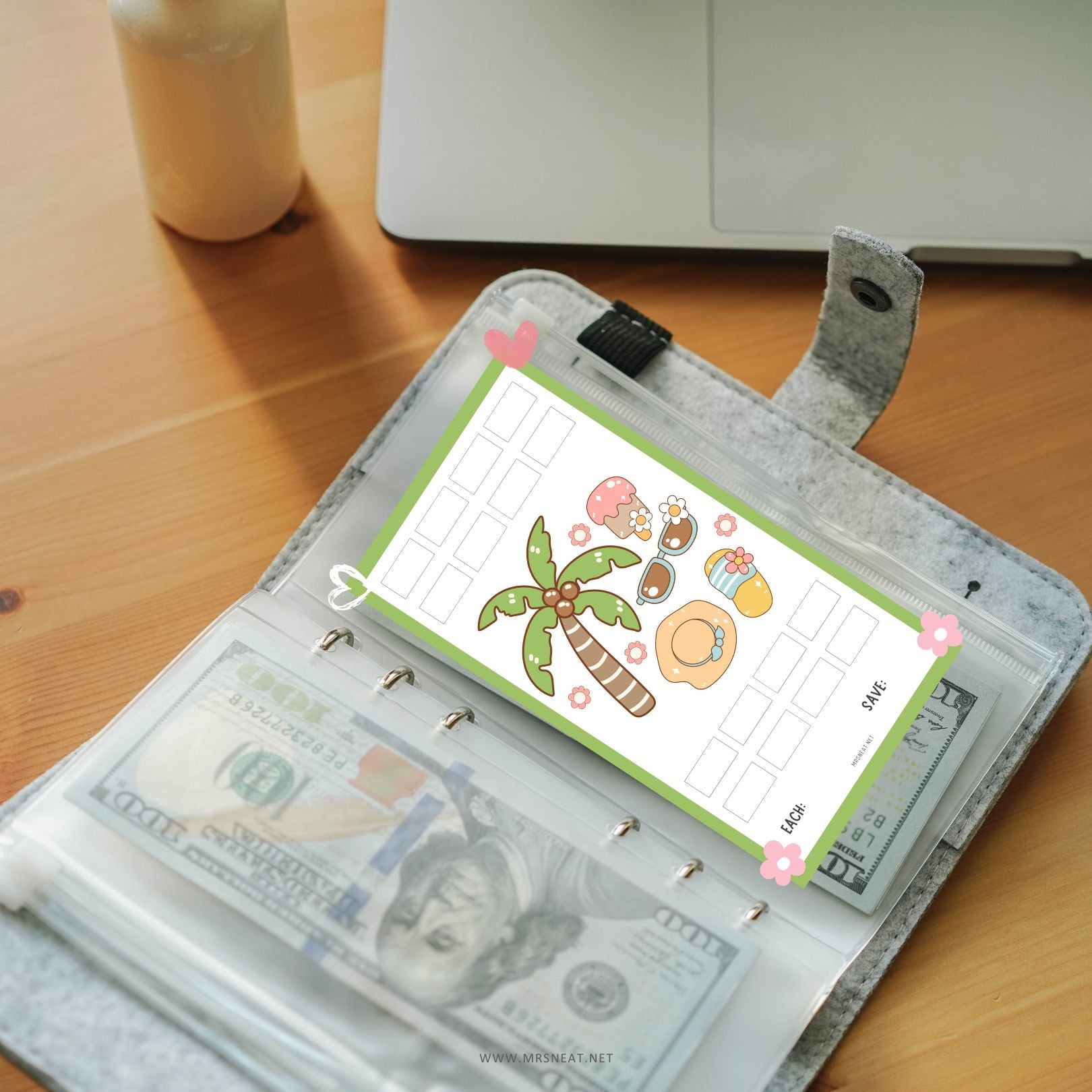 Beautiful green pastel Mini Savings Challenge A6-sized inserts fit perfectly in your binder system, making them ideal for organizing your cash stuffing envelopes and tracking your weekly or monthly savings journey.