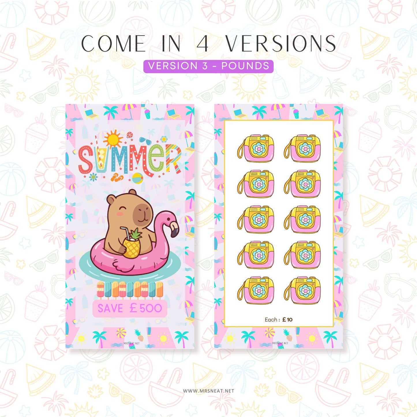 Two product packages with summer-themed designs on a decorative background.