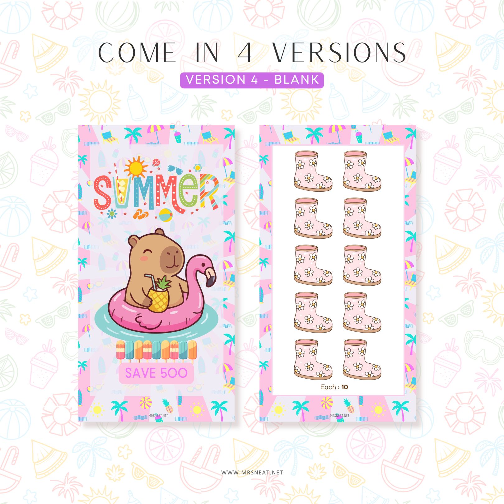 Two cards with summer-themed designs on a decorative background