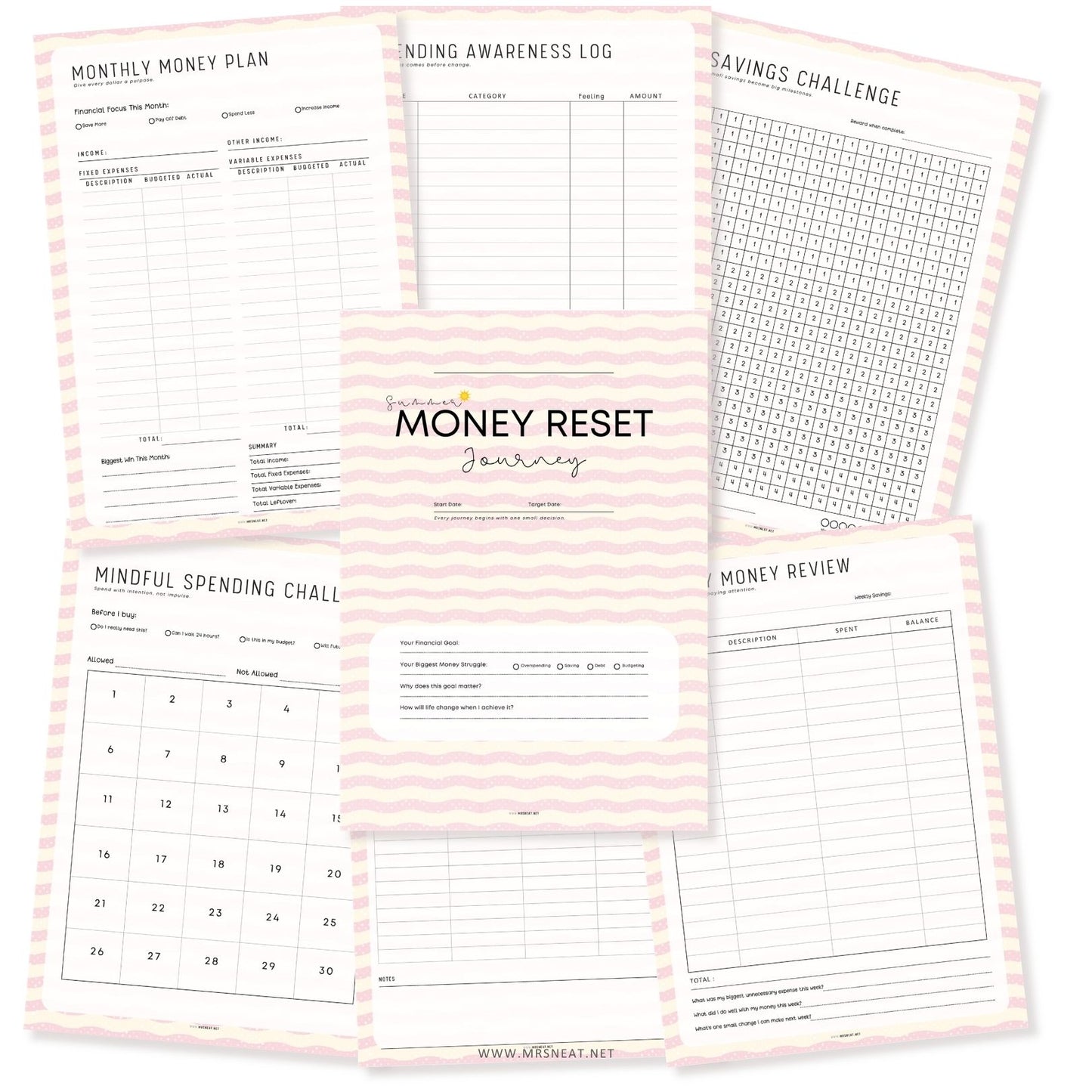 Complete Summer Money Reset Kit printable featuring 10 thoughtfully designed worksheets for budgeting, saving, debt tracking, and money habits.