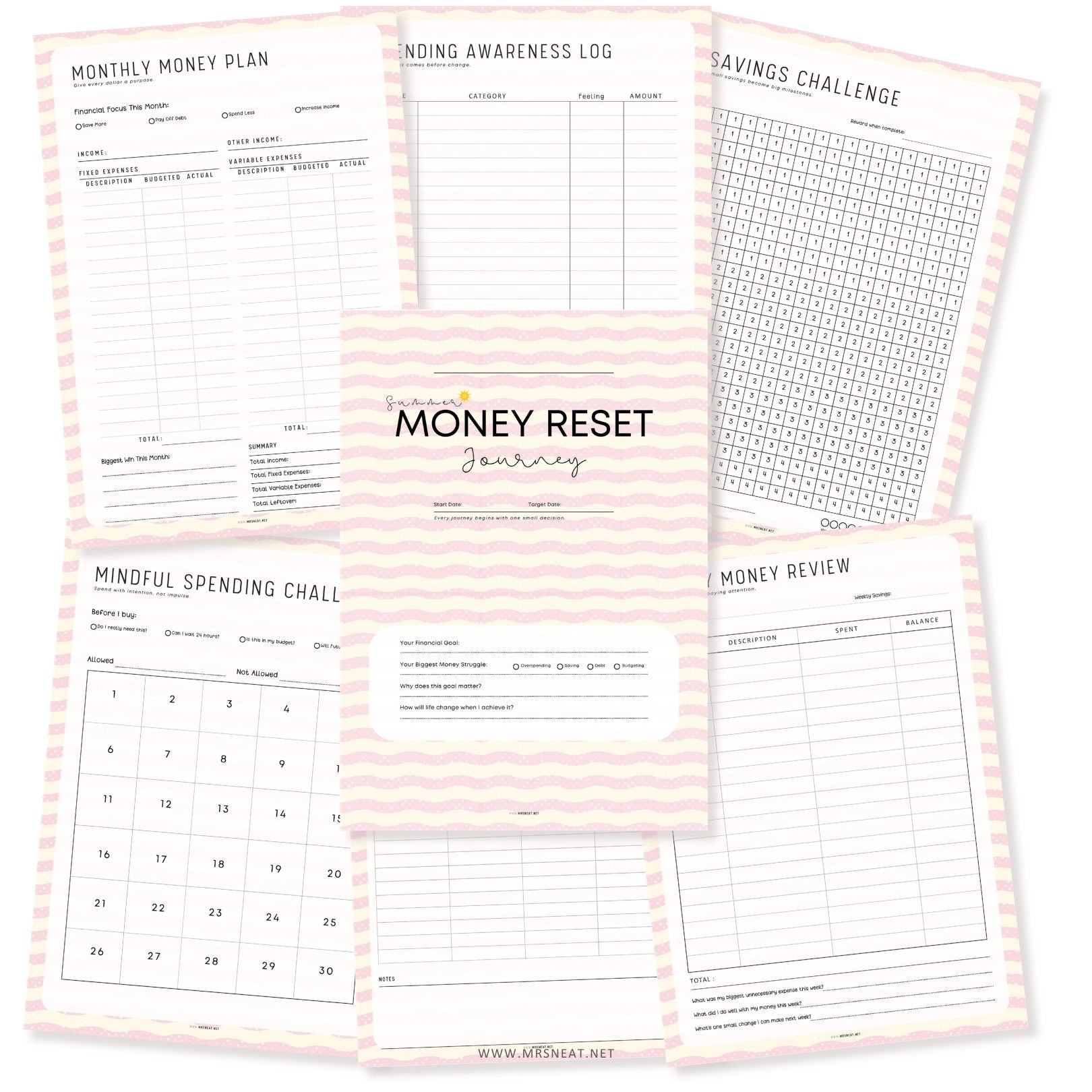 Complete Blush and Bloom Money Reset Kit printable featuring 10 thoughtfully designed worksheets for budgeting, saving, debt tracking, and money habits.