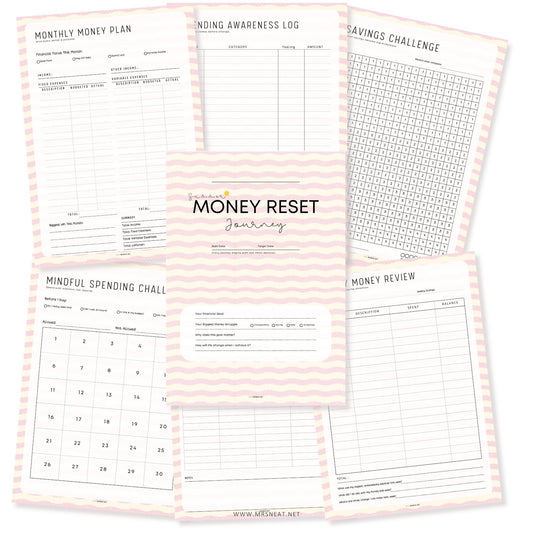 Complete Blush and Bloom Money Reset Kit printable featuring 10 thoughtfully designed worksheets for budgeting, saving, debt tracking, and money habits.