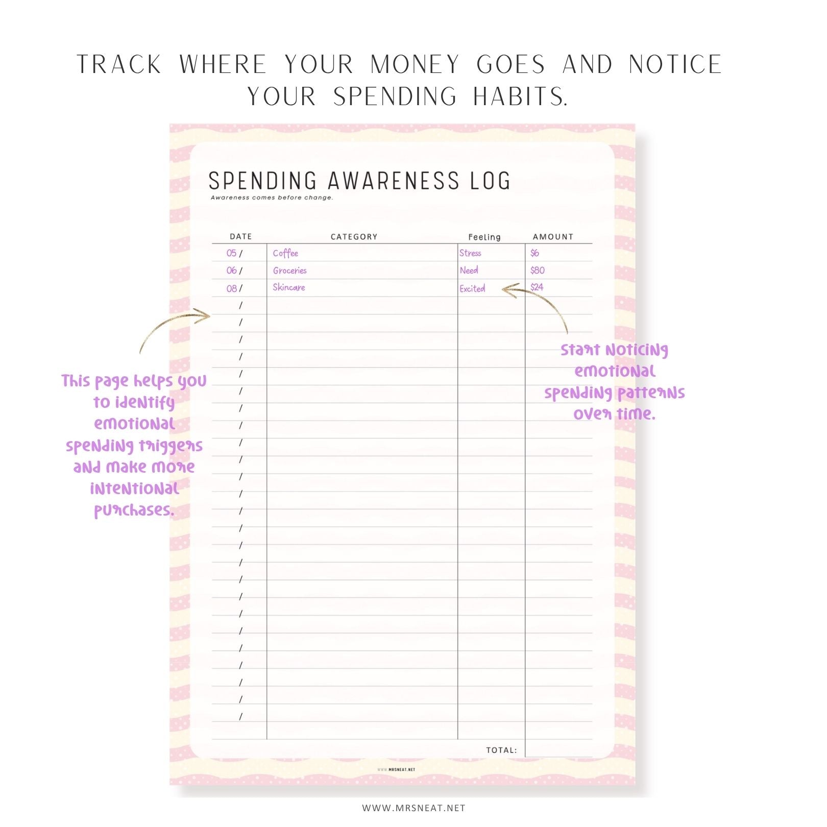 Spending awareness log printable to monitor daily expenses, spending categories, and emotional spending habits.