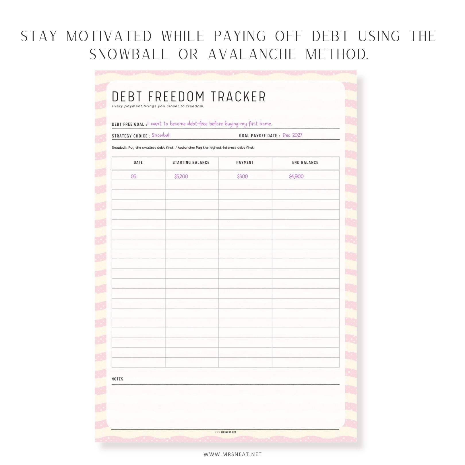 Debt freedom tracker printable featuring Snowball and Avalanche methods to help organize debt payoff progress.