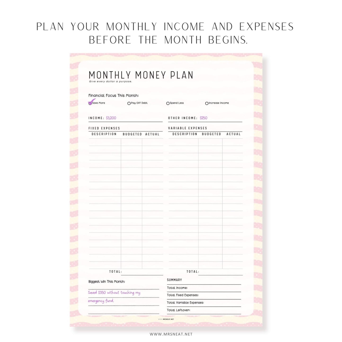 Monthly money plan printable budget worksheet for organizing income, expenses, and monthly financial goals.