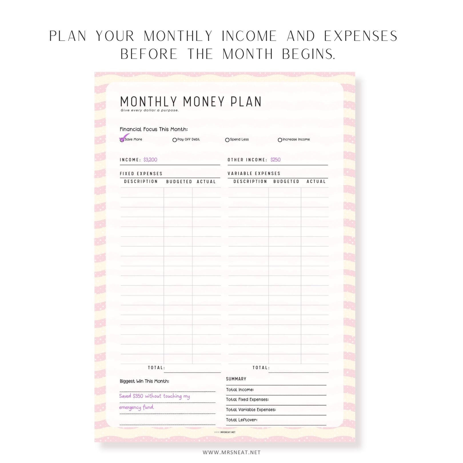 Monthly money plan printable budget worksheet for organizing income, expenses, and monthly financial goals.