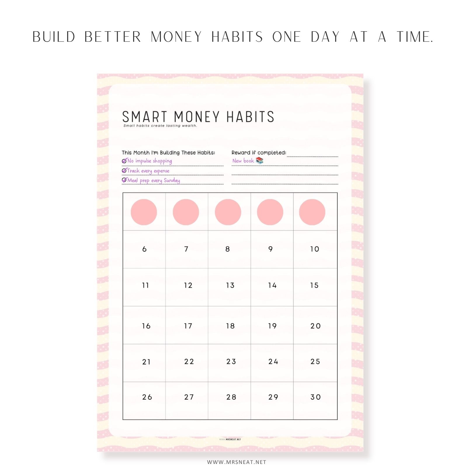 Smart money habits printable tracker to build better budgeting, saving, and mindful spending habits every day.