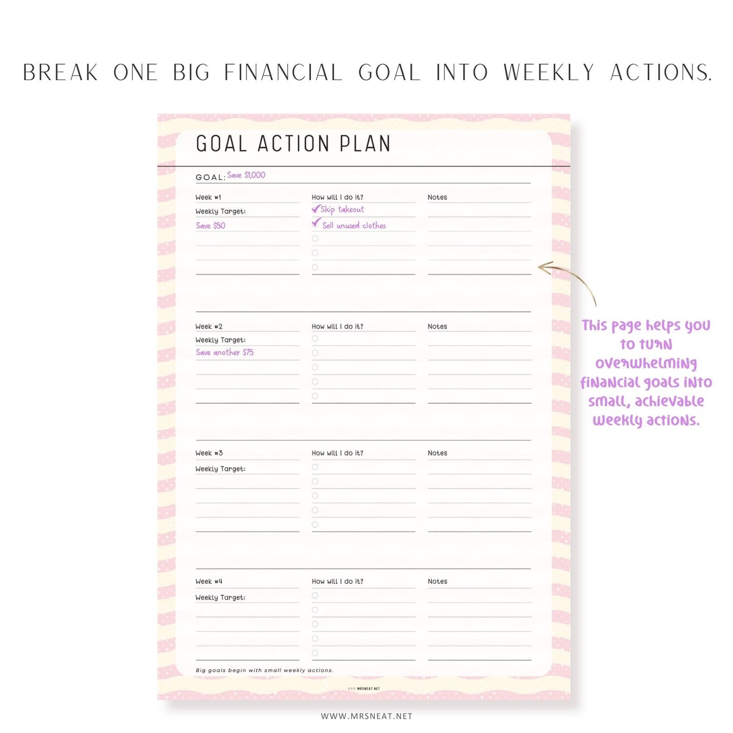 Goal action plan printable worksheet for breaking financial goals into simple weekly action steps.