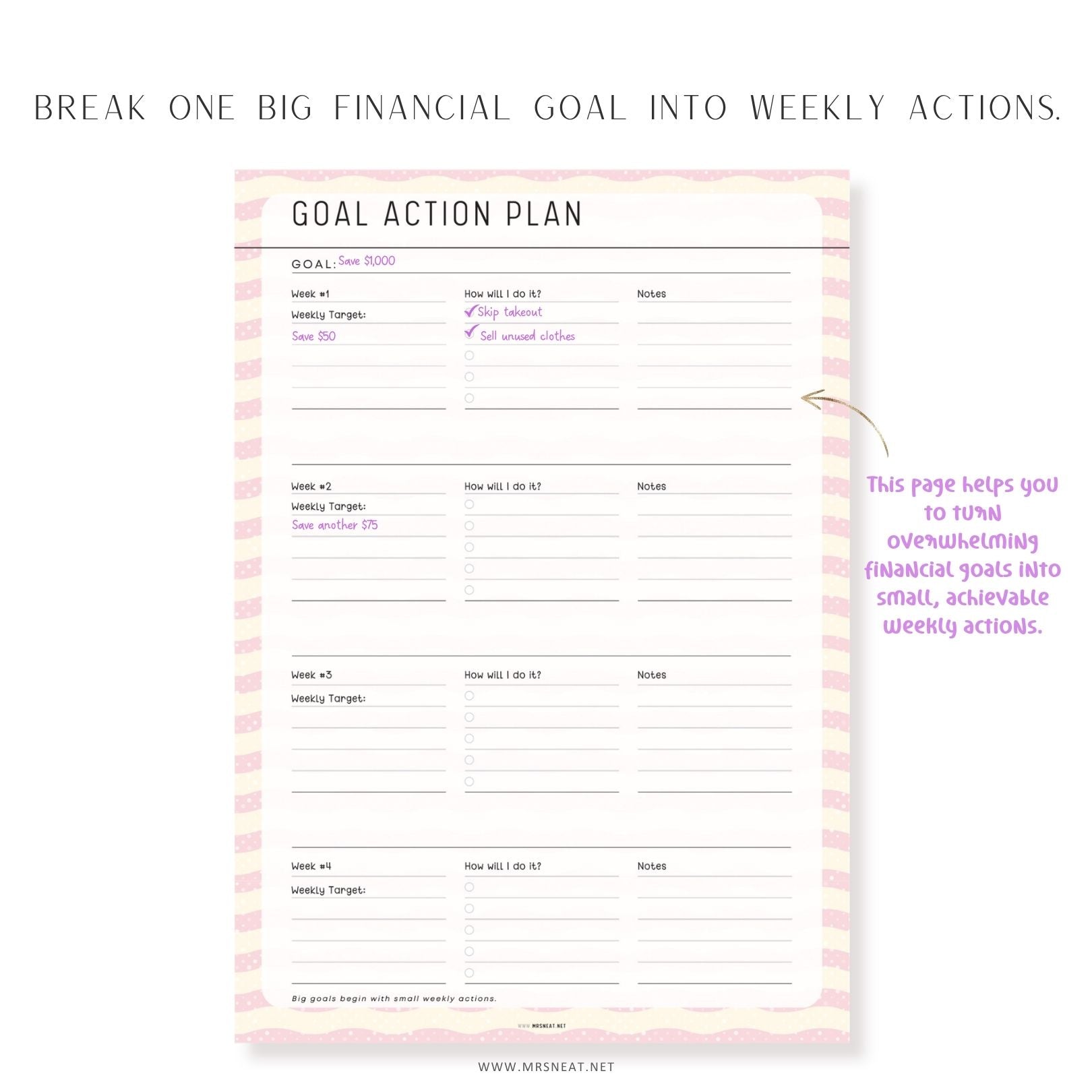 Goal action plan printable worksheet for breaking financial goals into simple weekly action steps.