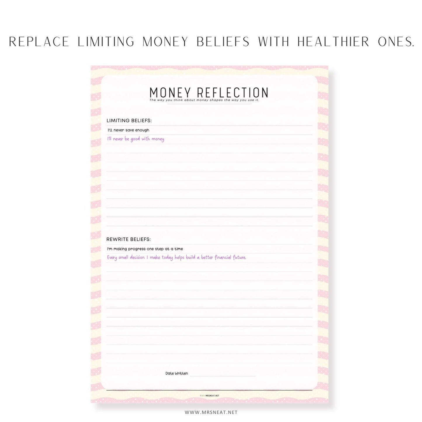 Money reflection printable worksheet to replace limiting money beliefs and build a healthier financial mindset.