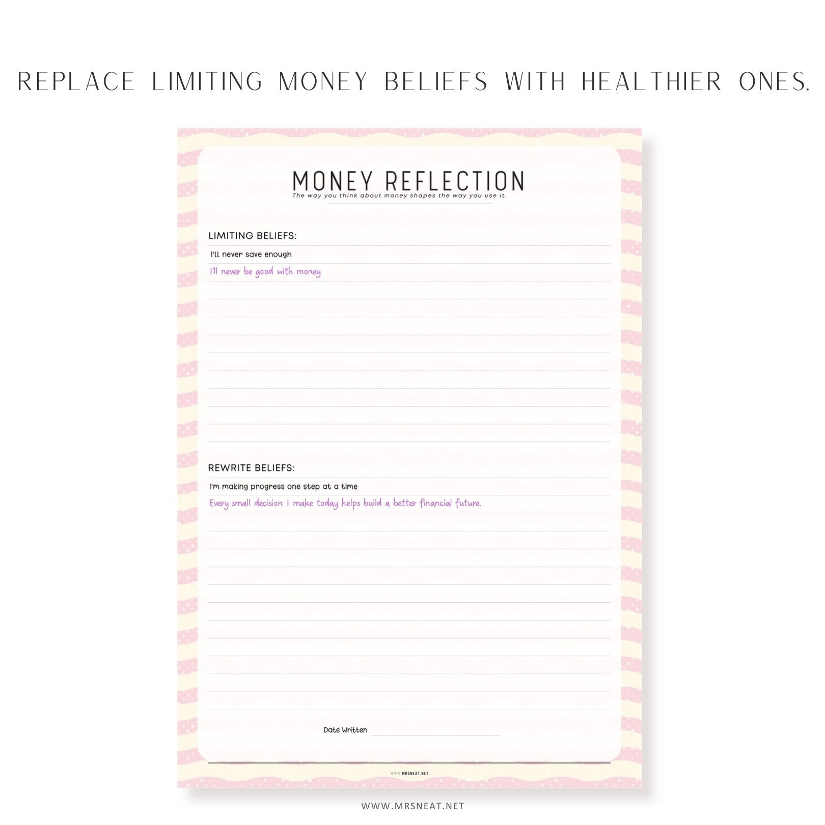Money reflection printable worksheet to replace limiting money beliefs and build a healthier financial mindset.