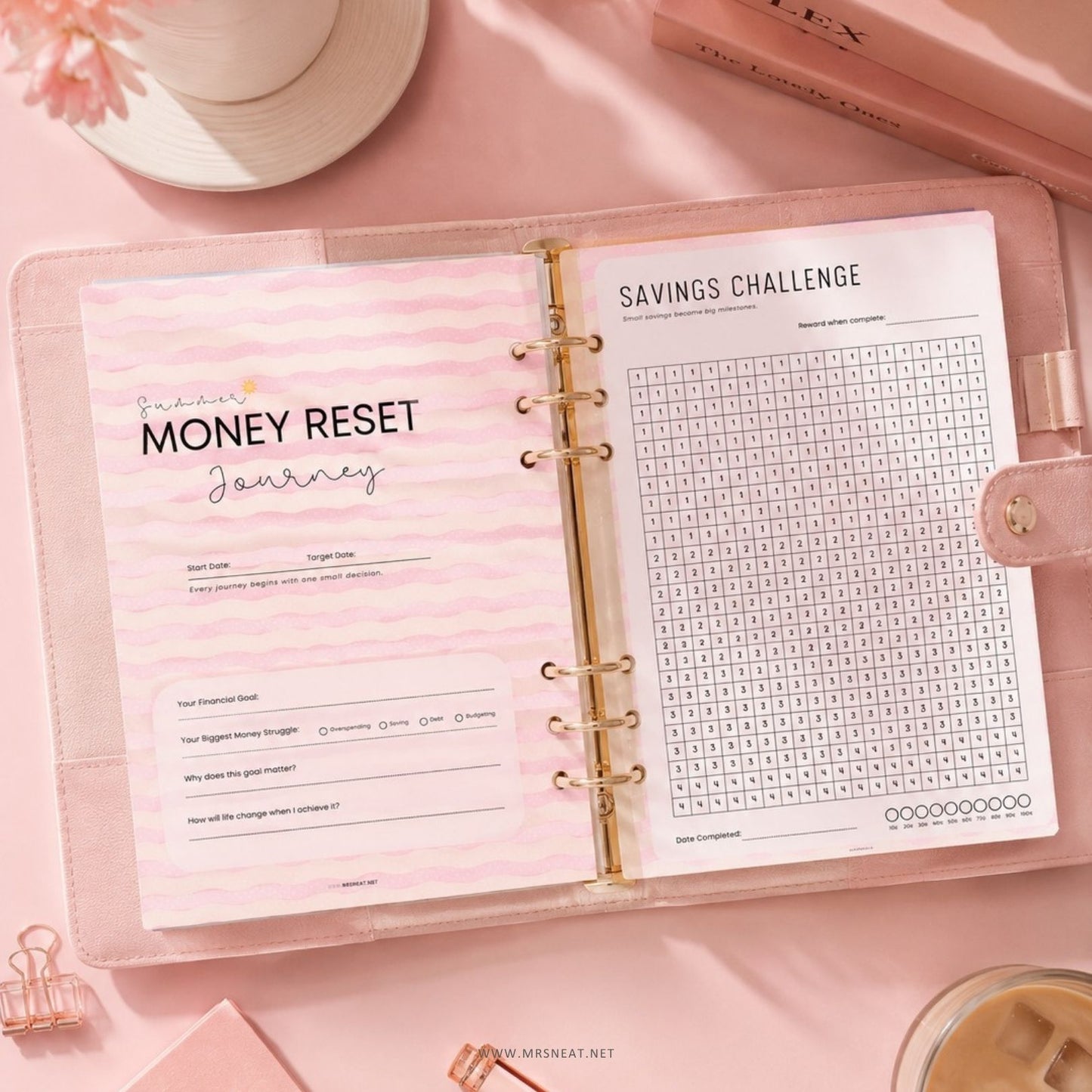 Summer Money Reset Kit printable budget planner with pastel pink summer design for saving money and building better financial habits.