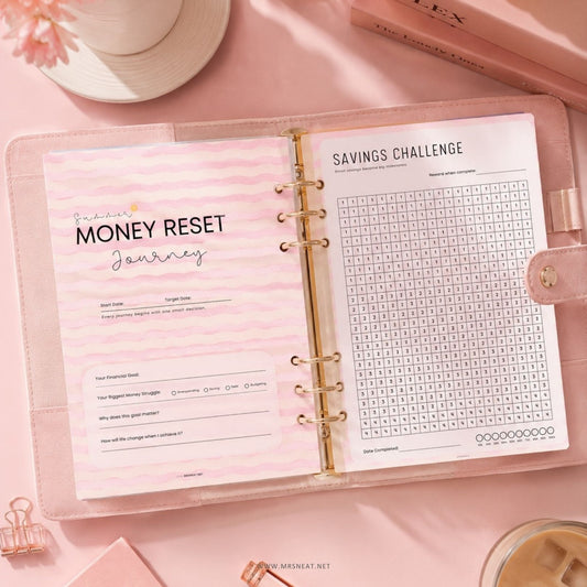Summer Money Reset Kit printable budget planner with pastel pink summer design for saving money and building better financial habits.