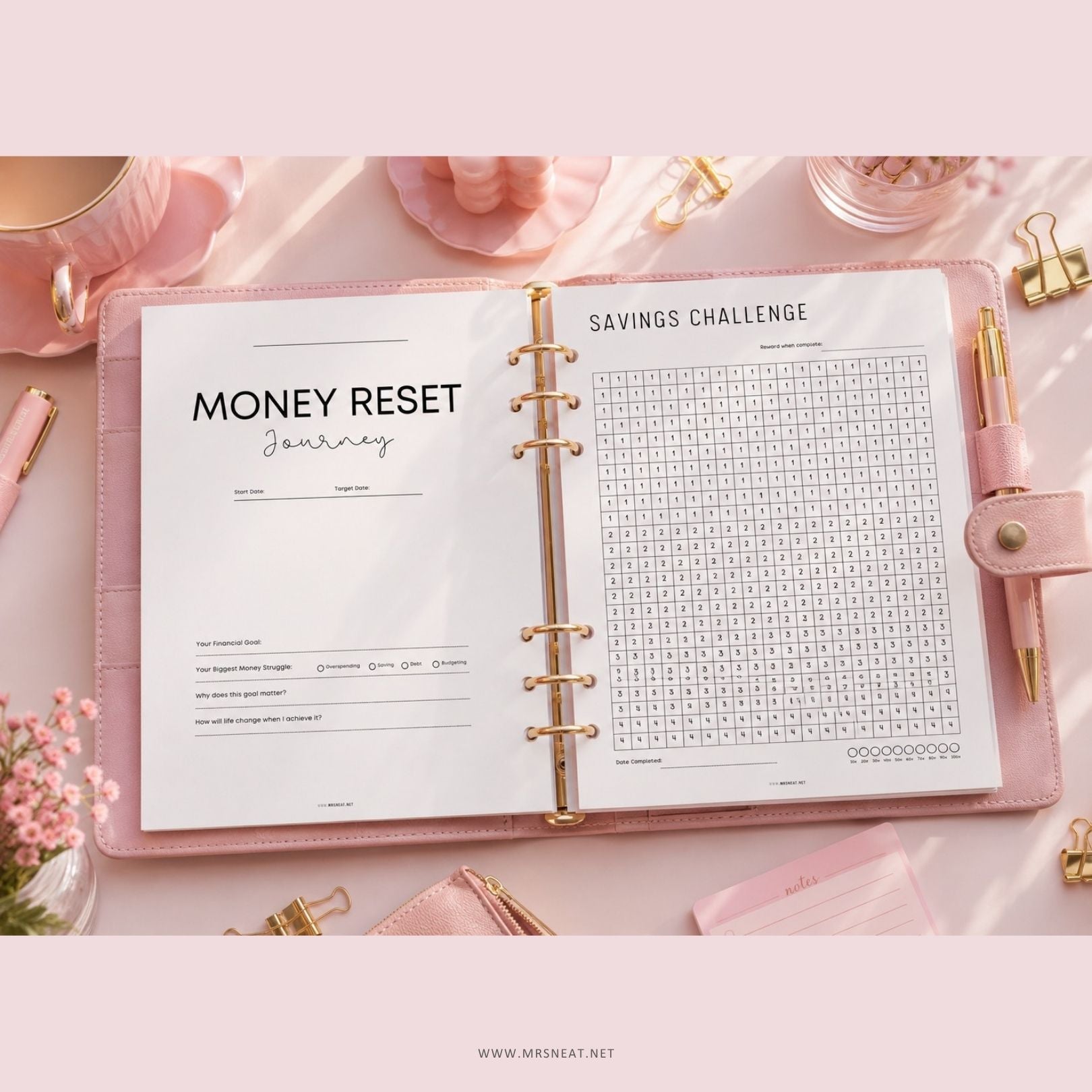 Money Reset Kit displayed inside a pink A5 planner binder with a savings challenge printable.