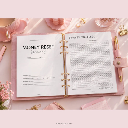 Money Reset Kit displayed inside a pink A5 planner binder with a savings challenge printable.