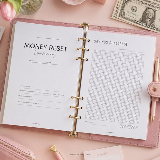 Aesthetic summer budget planner printable on a pastel desk with coffee and stationery for mindful financial planning.