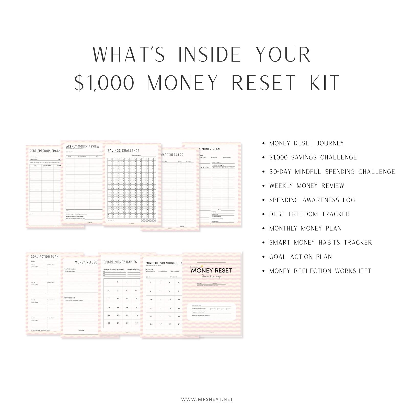What's included in the Blush and Bloom Money Reset Kit featuring 10 printable budgeting and money management worksheets.