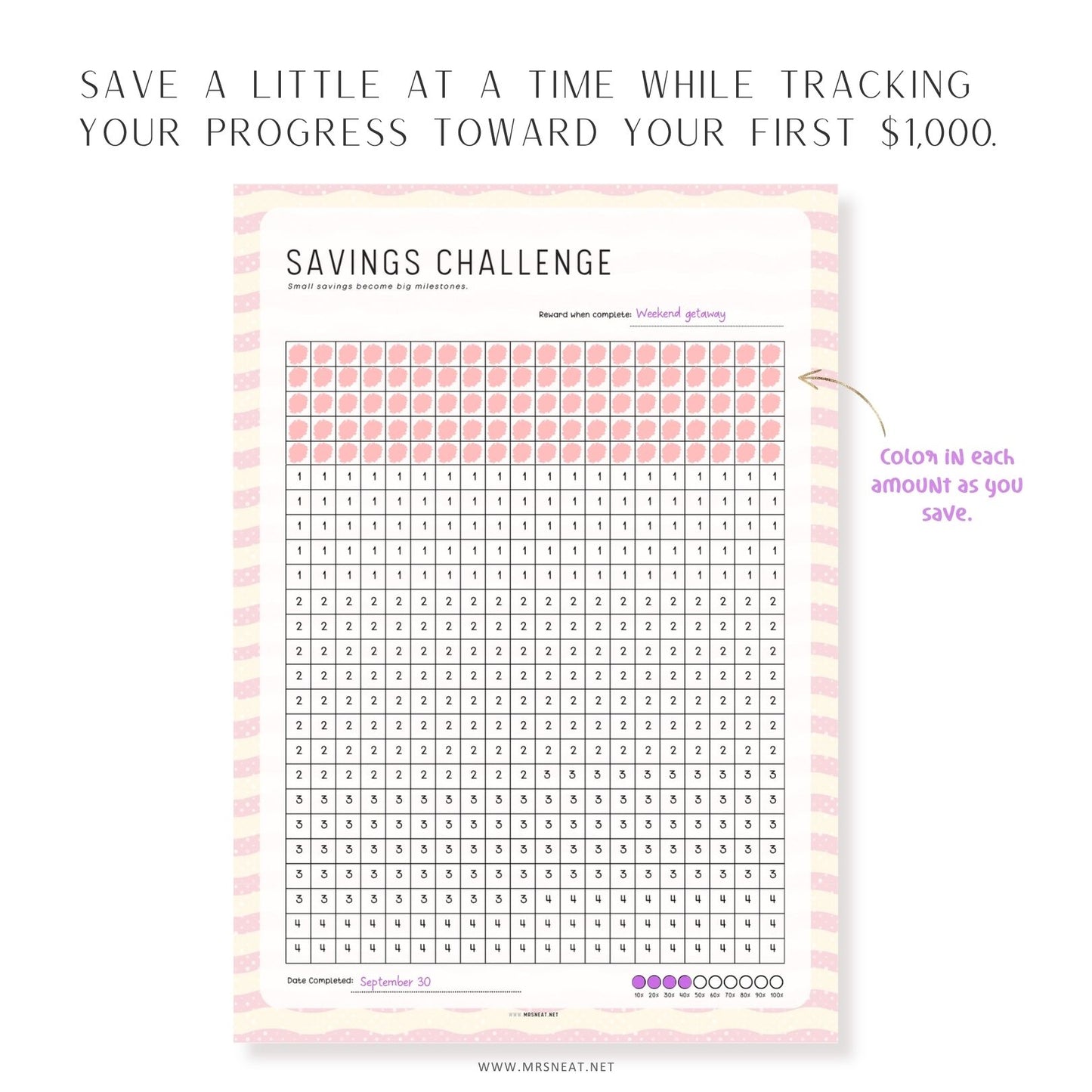Summer savings challenge printable to track your first $1000 savings goal with a fun pastel summer planner design.