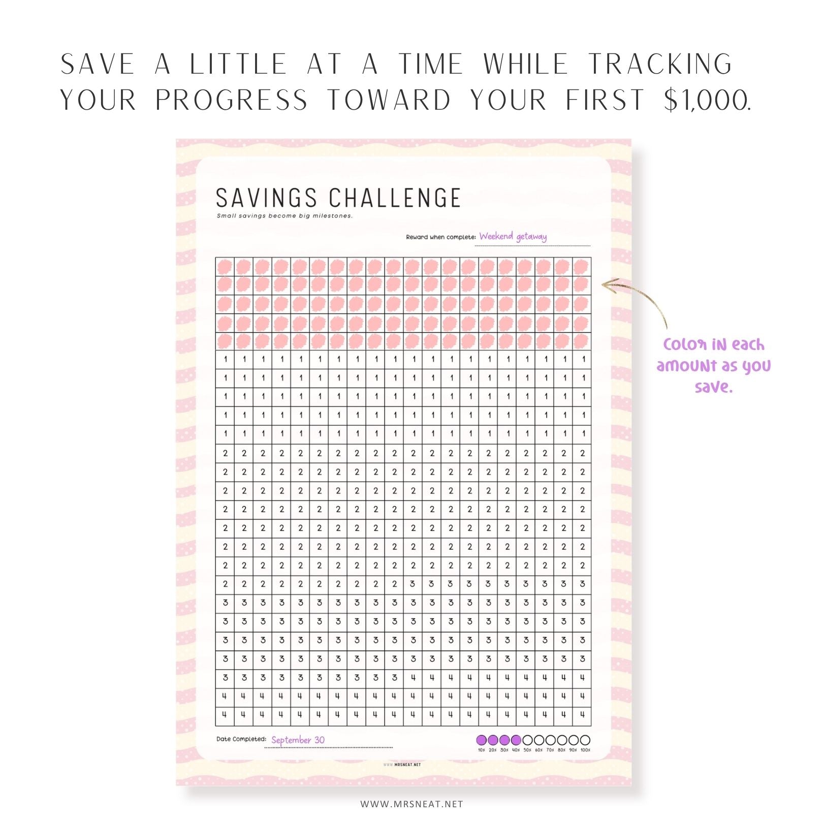 Blush and Bloom savings challenge printable to track your first $1000 savings goal with a fun pastel summer planner design.