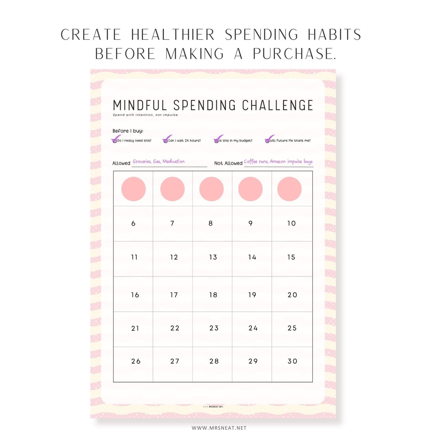 Mindful spending challenge printable with before-you-buy checklist to reduce impulse spending during summer.