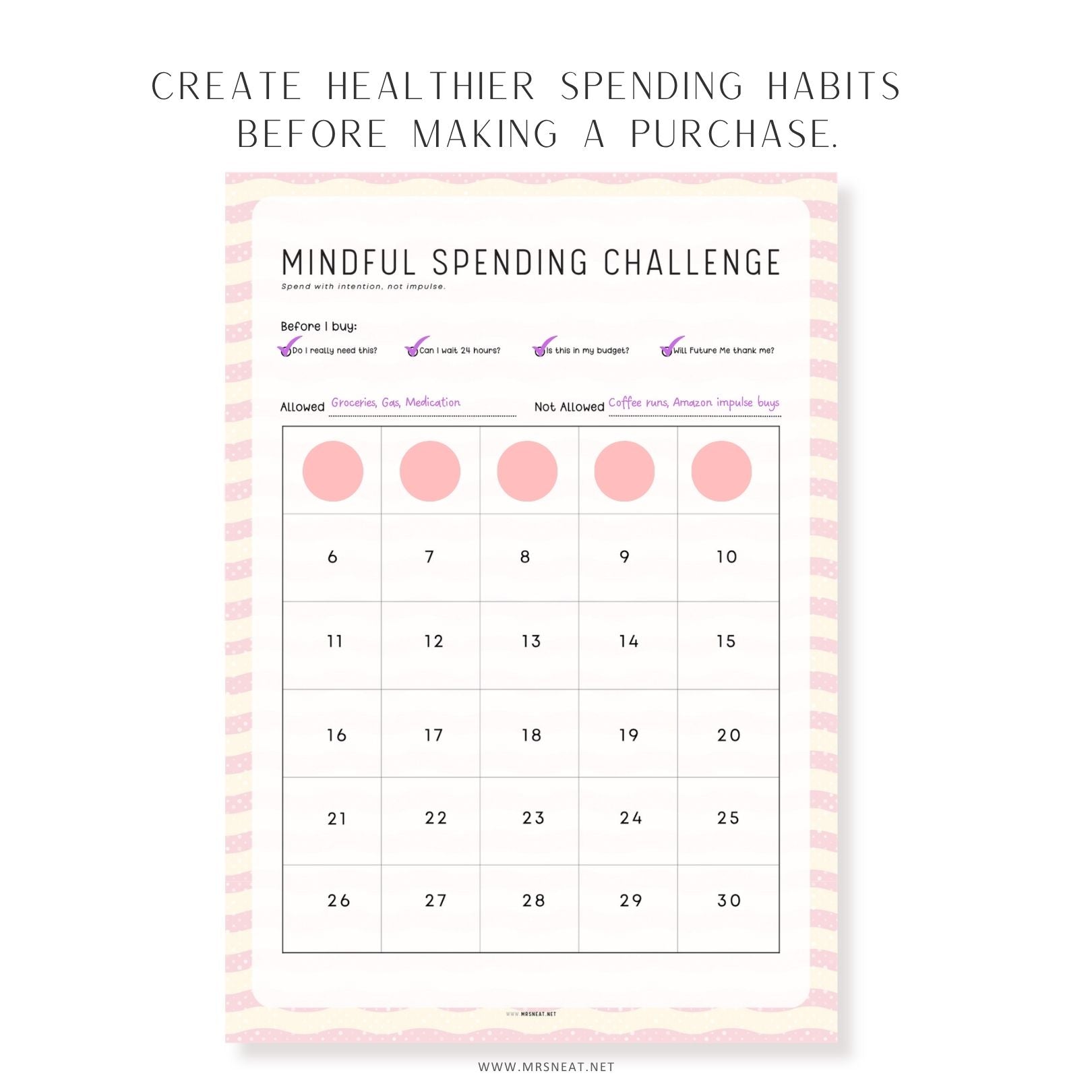 Mindful spending challenge printable with before-you-buy checklist to reduce impulse spending.