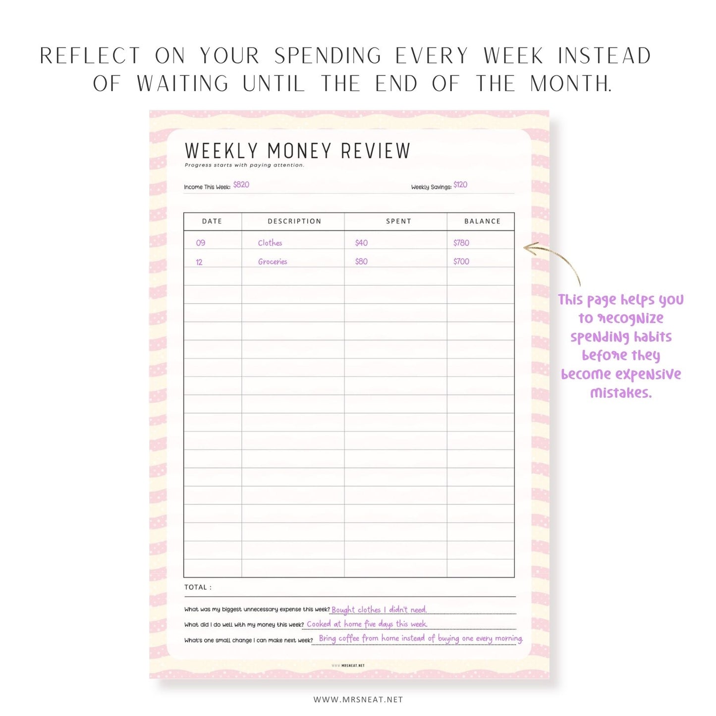 Weekly money review printable for tracking income, savings, expenses, and weekly financial reflections.