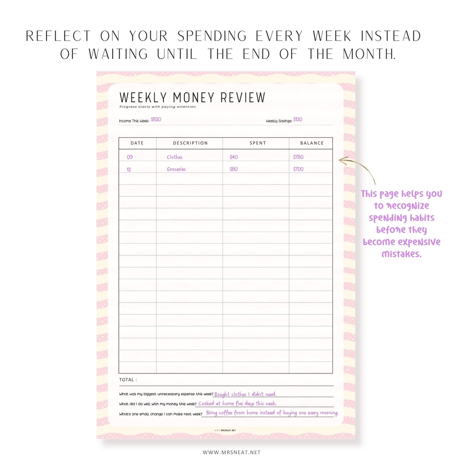 Weekly money review printable for tracking income, savings, expenses, and weekly financial reflections.