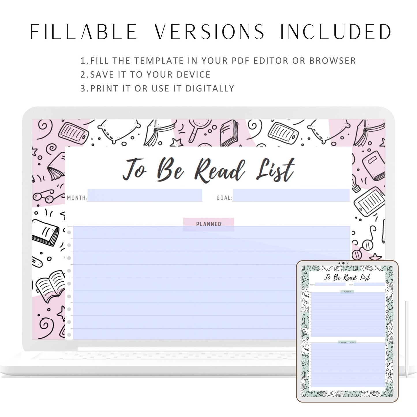 To Be Read List Template Printable, 5 colors ; Peach, Pink, Blue, Green, Neutral, 4 sizes ; A4, A5, Letter, Half Letter, Digital Planner