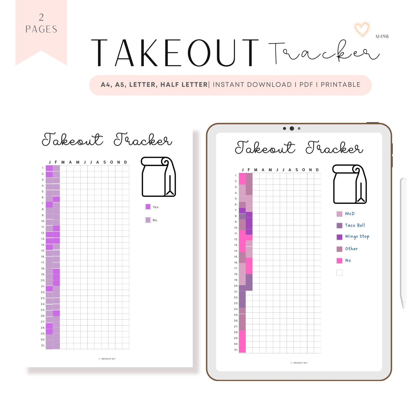 Takeout Tracker Printable PDF, Takeaway Tracker Template PDF, Digital Planner, Minimalist, A4, A5, Letter, Half Letter, Pre-filled, Blank