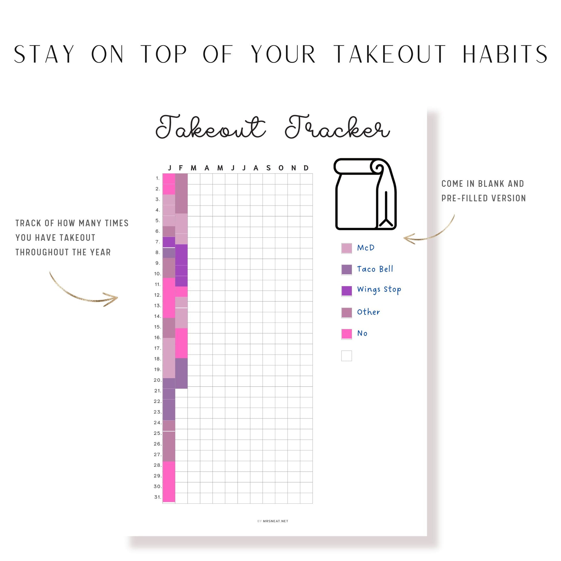 Takeout Tracker Printable PDF, Takeaway Tracker Template PDF, Digital Planner, Minimalist, A4, A5, Letter, Half Letter, Pre-filled, Blank