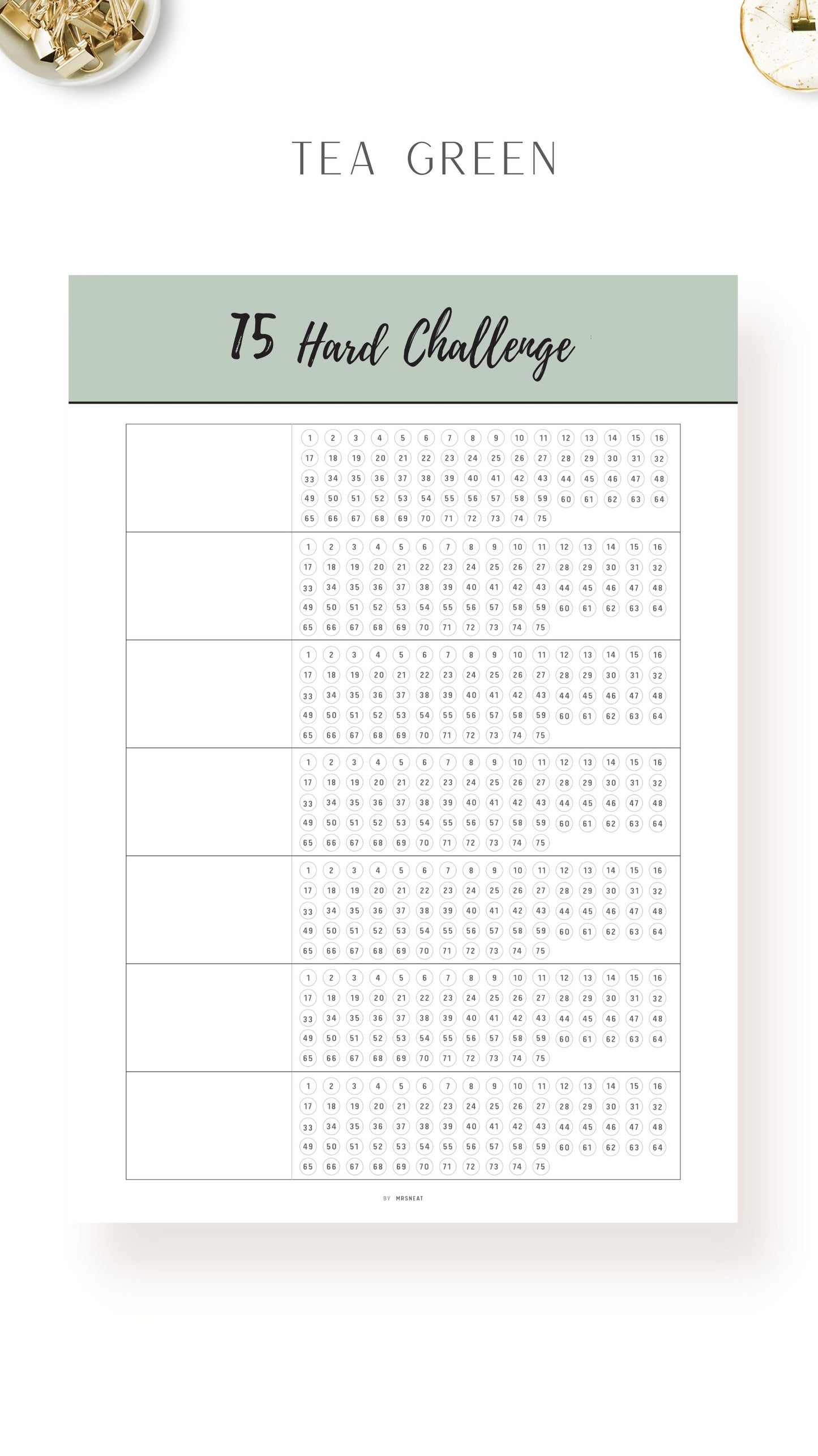 Tea Green Printable 75 Hard Challenge Template