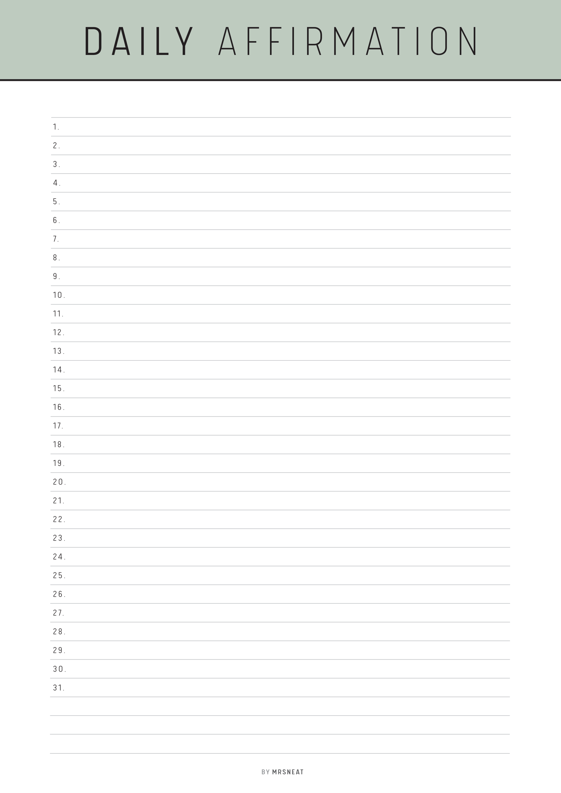 Blank sheet for daily affirmations with a green header and white background