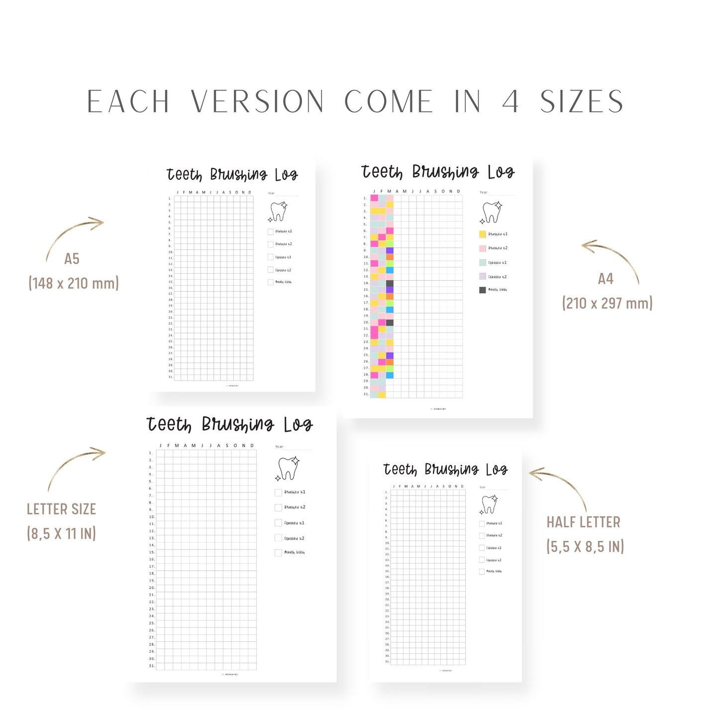 A4, A5, Letter, Half Letter Teeth Brushing Tracker Printable Inserts
