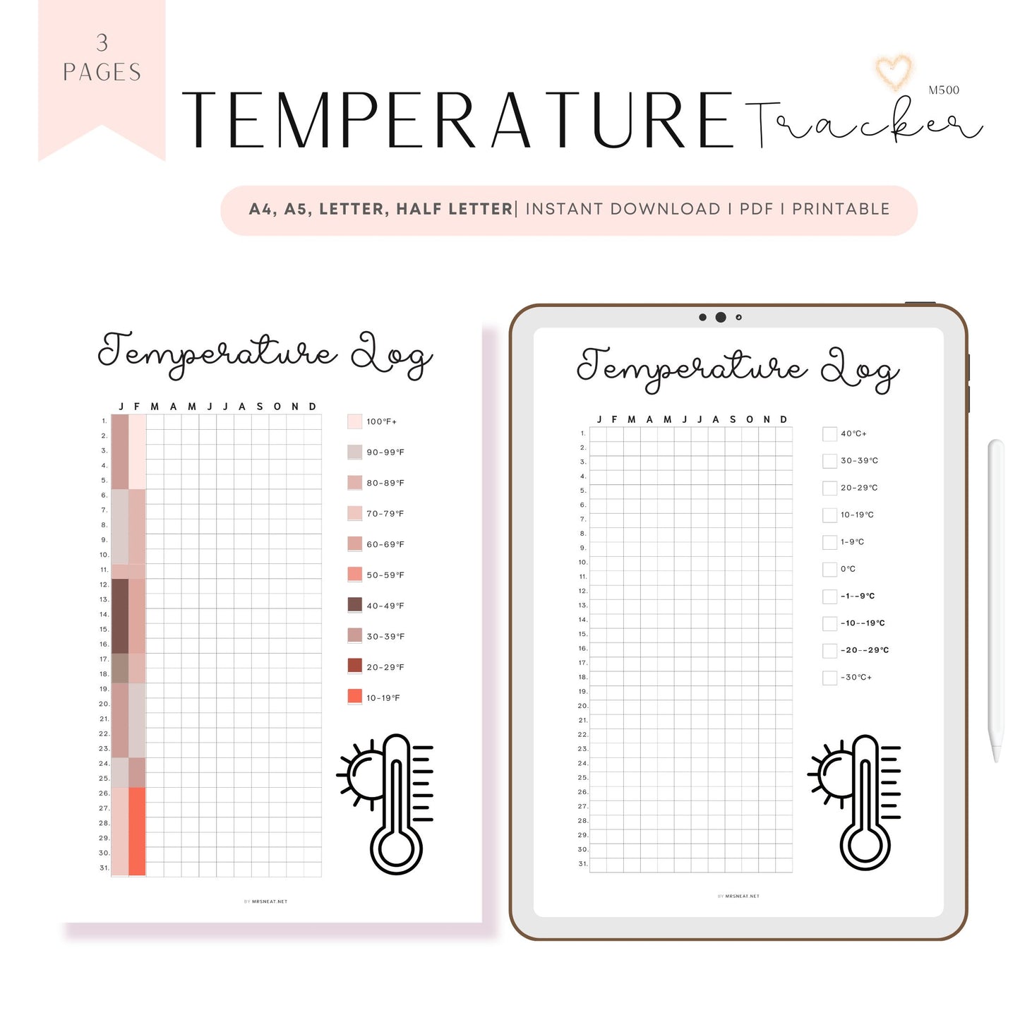 Temperature Log Template Printable PDF, Fahrenheit, Celsius temperature log, Minimalist Planner, Digital Planner, A4, A5, Letter, Half Letter