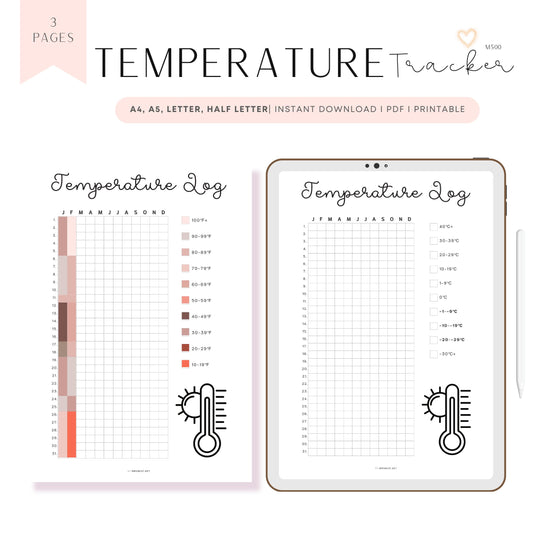 Temperature Log Template Printable PDF, Fahrenheit, Celsius temperature log, Minimalist Planner, Digital Planner, A4, A5, Letter, Half Letter