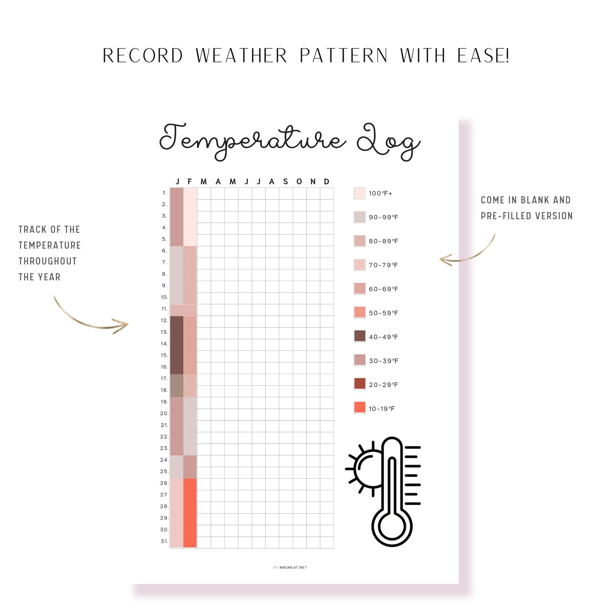 Temperature Log Template Printable PDF, Fahrenheit, Celsius temperature log, Minimalist Planner, Digital Planner, A4, A5, Letter, Half Letter