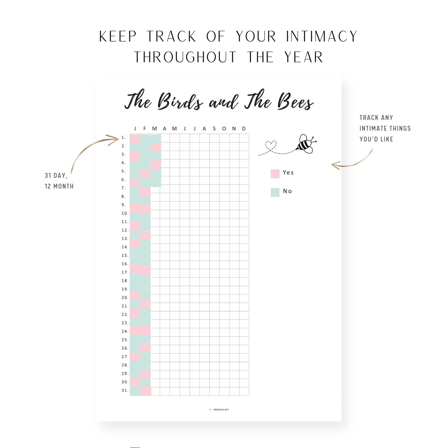 Intimacy Tracker Template Printable, Sex Tracker, Intimacy Tracker, The Birds and The Bees Tracker Template, Sexual Health Tracker, Love Tracker, PDF, A4, A5, Letter, Half Letter, 2 versions
