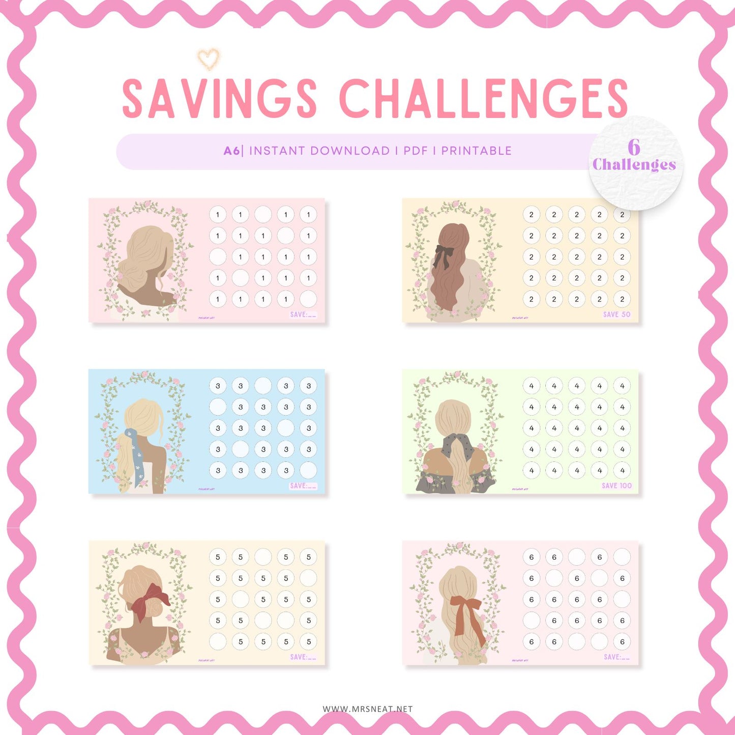 Savings challenge tracker with pink border and character illustration