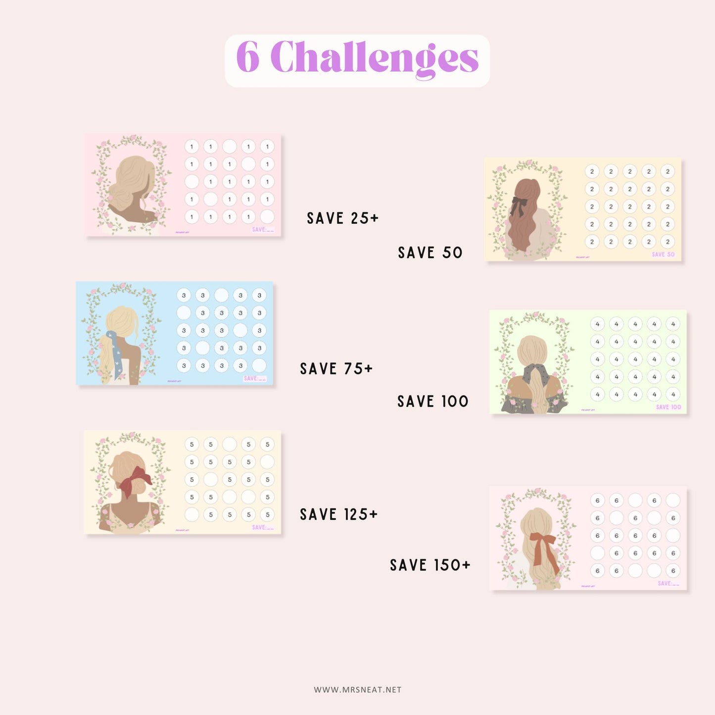 Set of six challenge trackers with different savings goals on a light pink background.