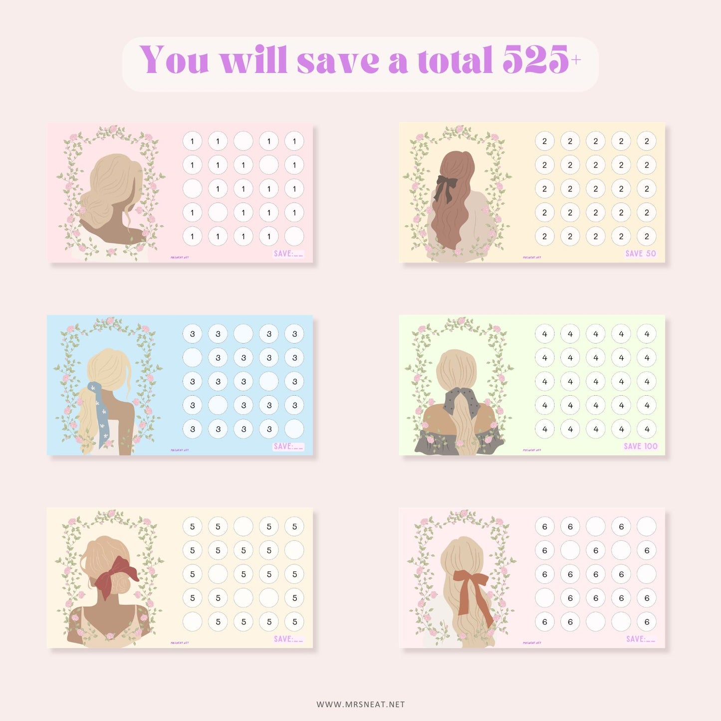 Set of six calendar designs with illustrations of a woman's silhouette on a light pink background.