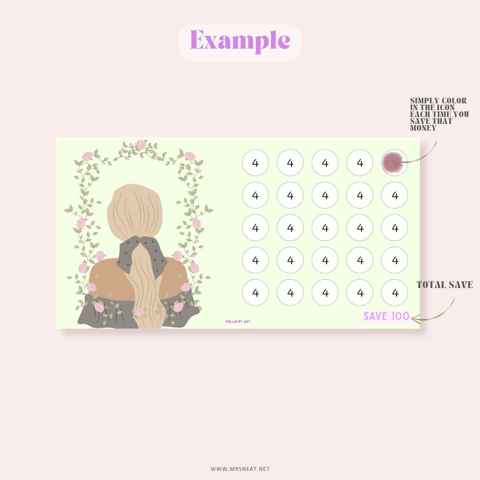 Save money tracker with illustration of a woman and decorative elements on a light pink background.