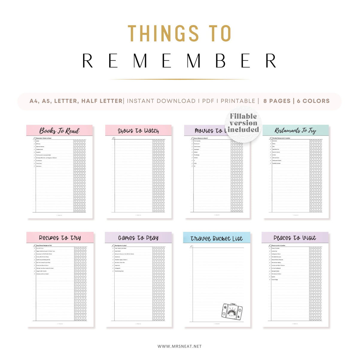 PRINTABLE Things To Remember Planner Bundle - M549 – mrsneat