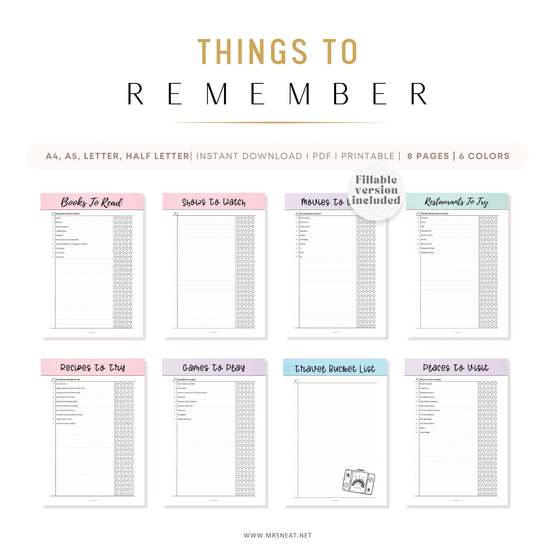 Things to Remember Bundle, Printable Journal Page, Books To Read, Movies To Watch, Recipes To Try, Restaurants To Try, A4, A5, Letter, Half Letter, Fillable PDF, Digital Planner, Printable Planner, 8 Pages, 6 Colors