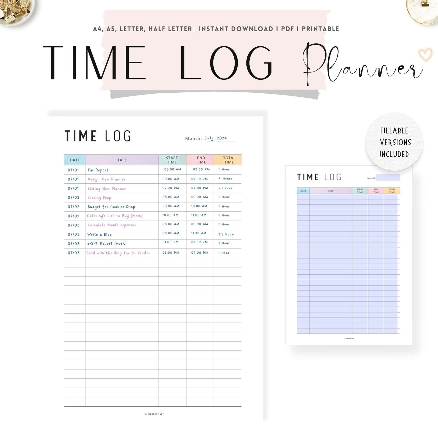 Time Management Planner Printable, A4, A5, Letter, Half Letter, Printable Inserts, Fillable PDF, Fillable Planner, Colorful Page